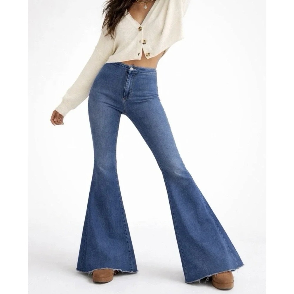 We The Free Just Float On Flare Jeans Blue High Rise Raw Hem Bell Bottom Size 25